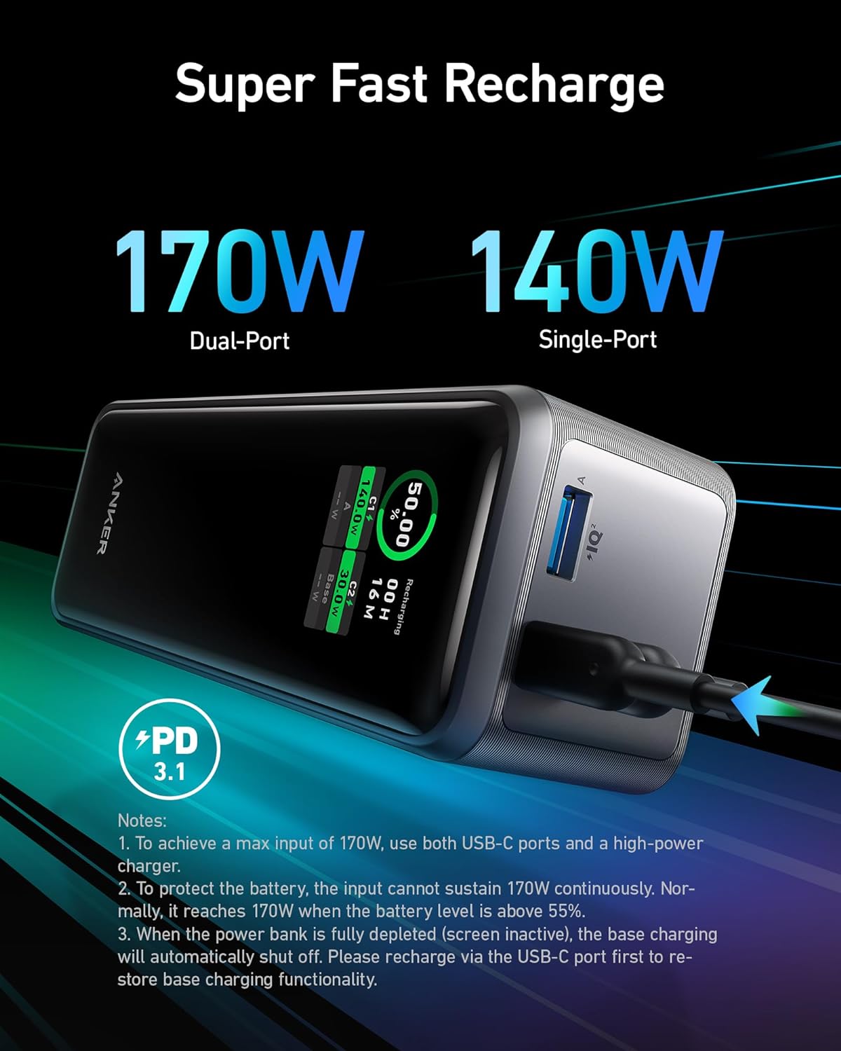 Anker Prime External Battery, 27650mAh, 250W, QC + PD, 1 x USB-A - 2 x USB-C, Black A1340011 A1340011 