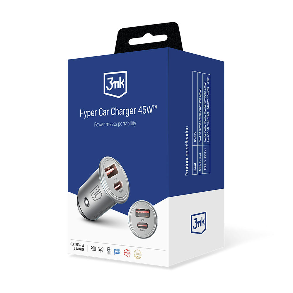 Car Charger 3MK Hyper, 45W, 3A, 1 x USB-A - 1 x USB-C, Silver 